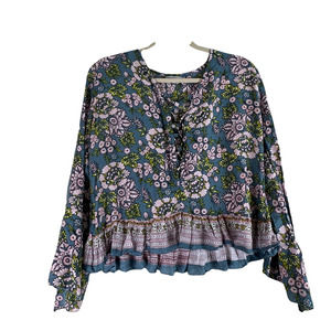 Tiare Hawaii Floral Shirt Lace Up Long Sleeve Top Size S/M